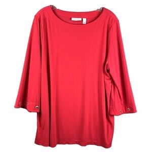 Susan Graver Liquid Knit Top XL Bright Dark Pink Relaxed Goldtone Grommet Detail